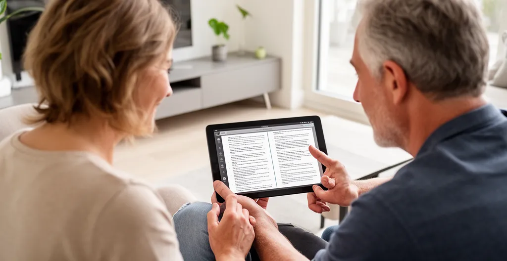 Couple européen consultant des documents immobiliers sur tablette dans un salon lumineux