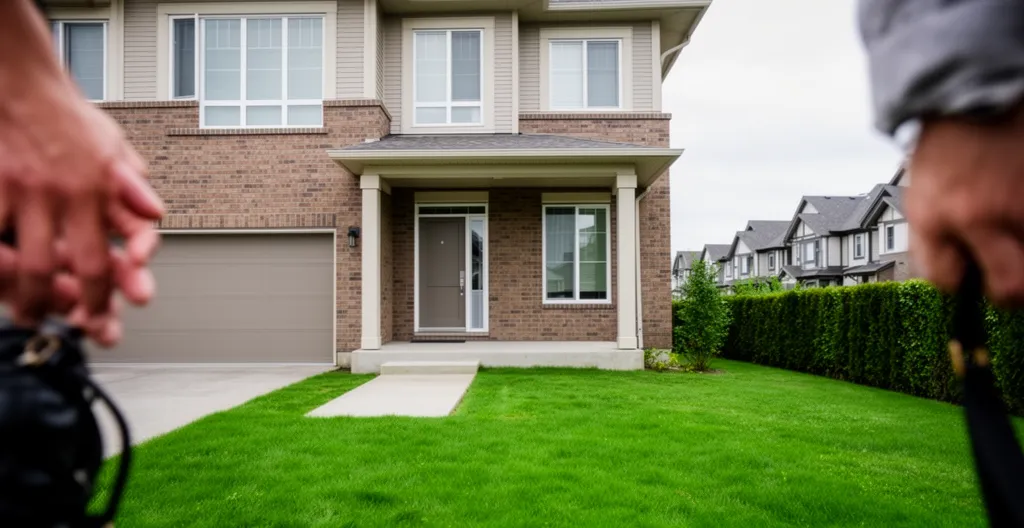 Façade townhouse américain moderne avec pelouse entretenue et garage