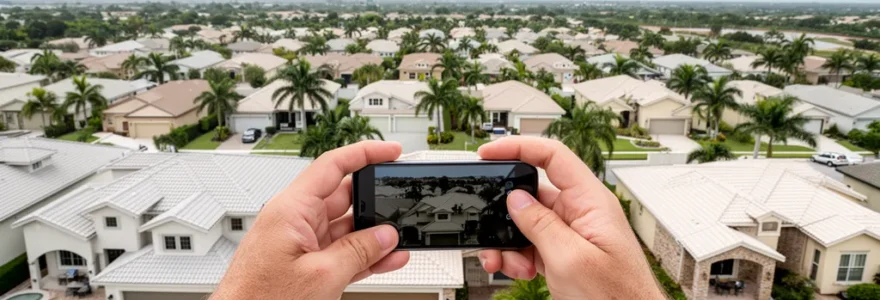 Vue aérienne quartier résidentiel américain avec piscines et palmiers style Sun Belt